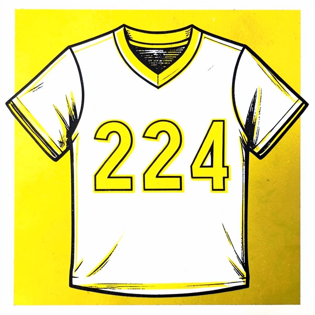 Linocut of a white jersey with numbers 2, 2, and 4, carved in a clean athletic style with subtle yellow edge highlights