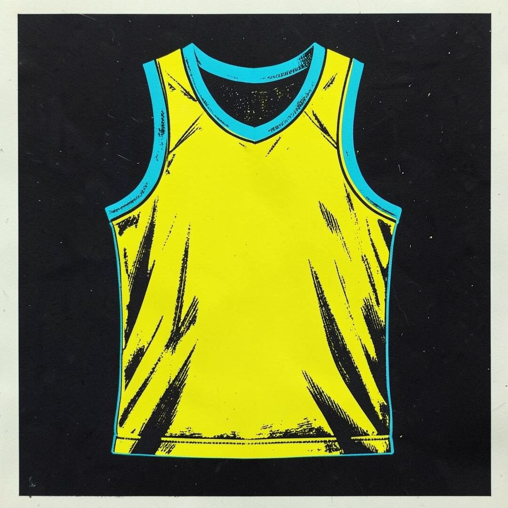 Linocut of a basketball jersey with cyan trim, carved in a sharp graphic style, dark background
