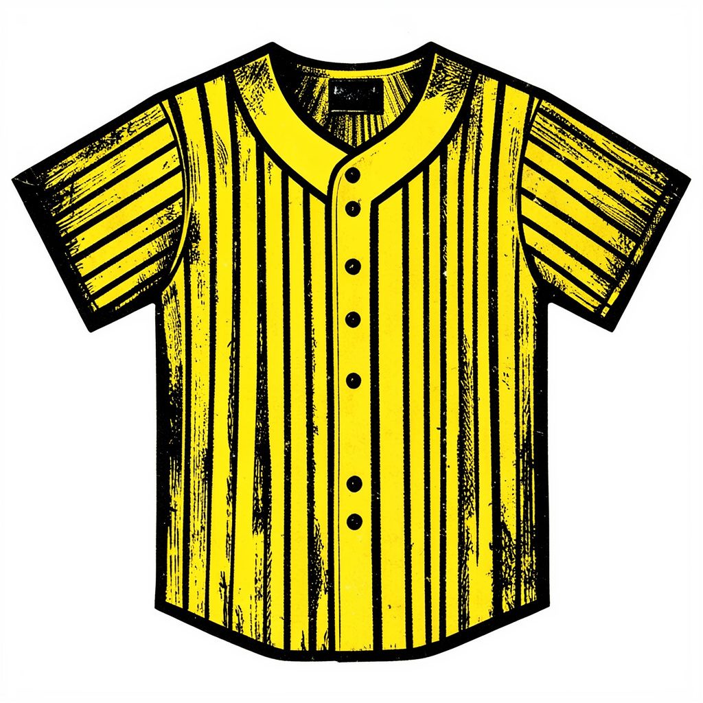 Linocut of a baseball jersey with pinstripes, bold relief-print texture, warm yellow accents