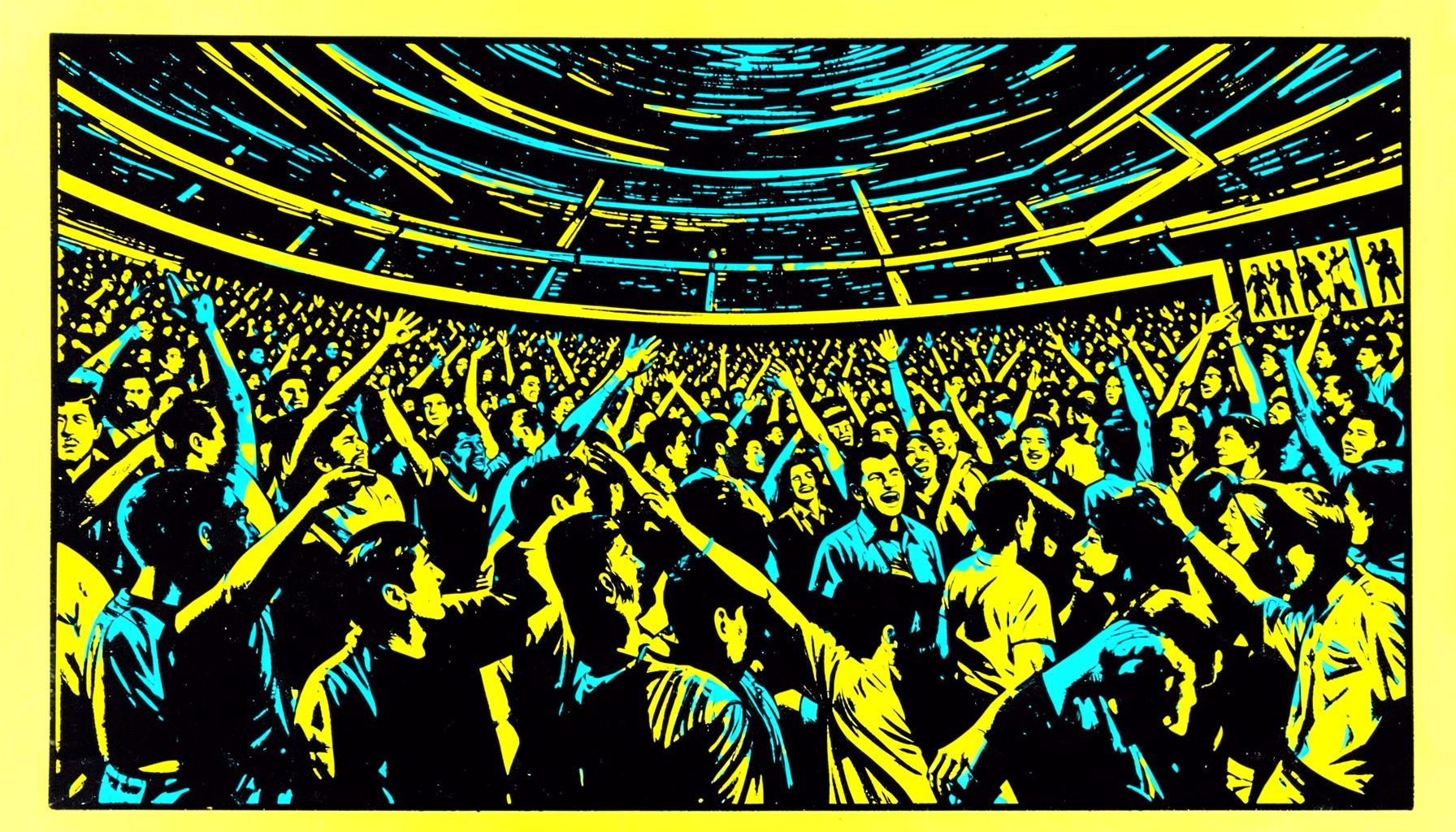 Linocut relief print of a stadium crowd in motion, deep blacks and bright cyan highlights, energetic and bold