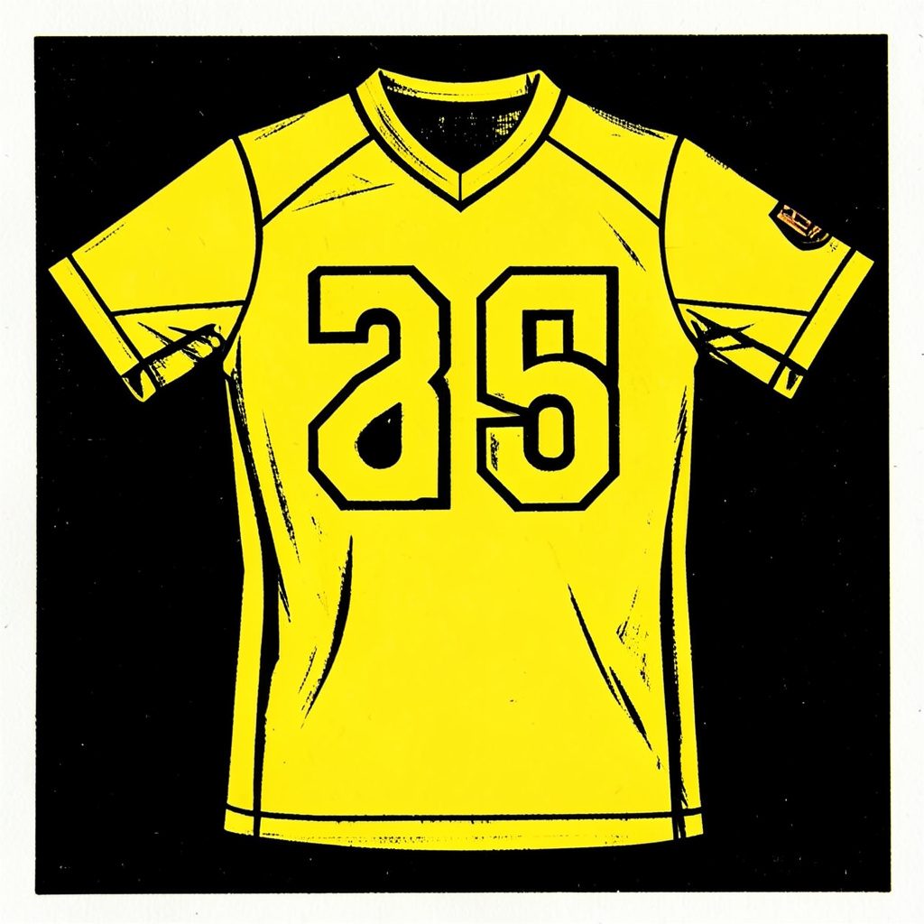 Linocut of a soccer kit laid flat, clean geometric carving, yellow numbering detail
