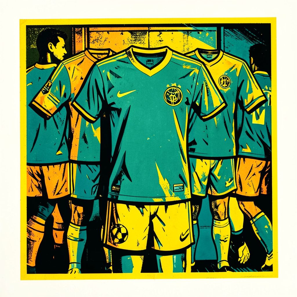 Linocut of a jersey display wall with varied team colors, carved in a clean graphic style, warm yellow and teal highlights