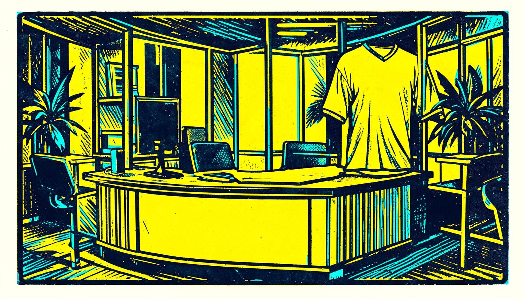 Linocut of a customer service desk with a jersey on display, warm yellow and cyan accents, clean graphic style