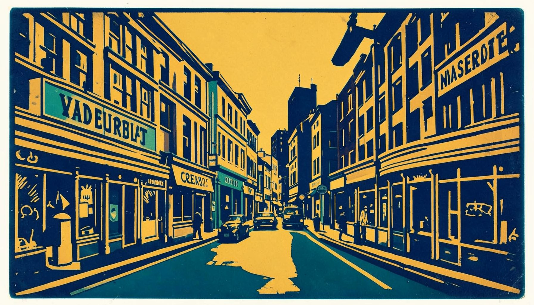 Linocut relief print of a city street with commercial buildings, warm ochre and deep navy tones, clean graphic style