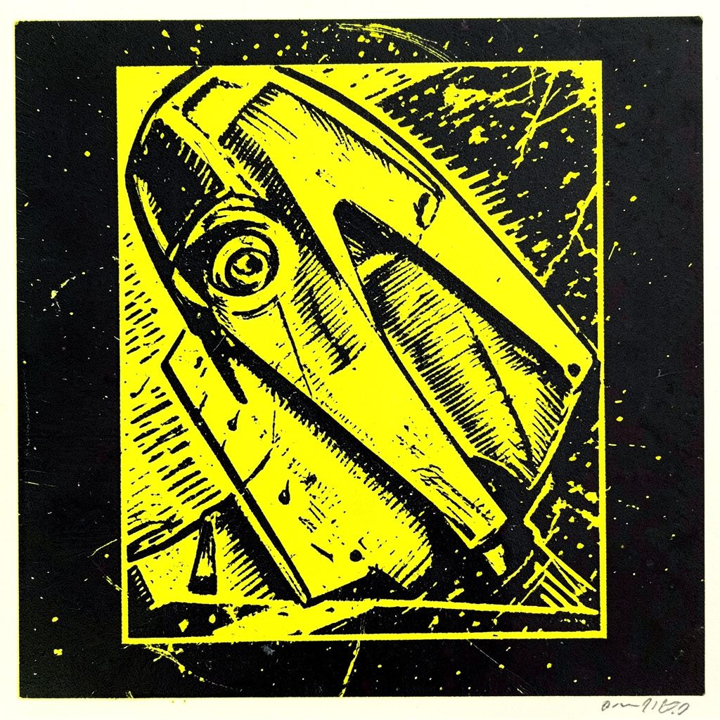 Linocut of stacked jersey numbers in bold graphic style, warm yellow accents on dark background